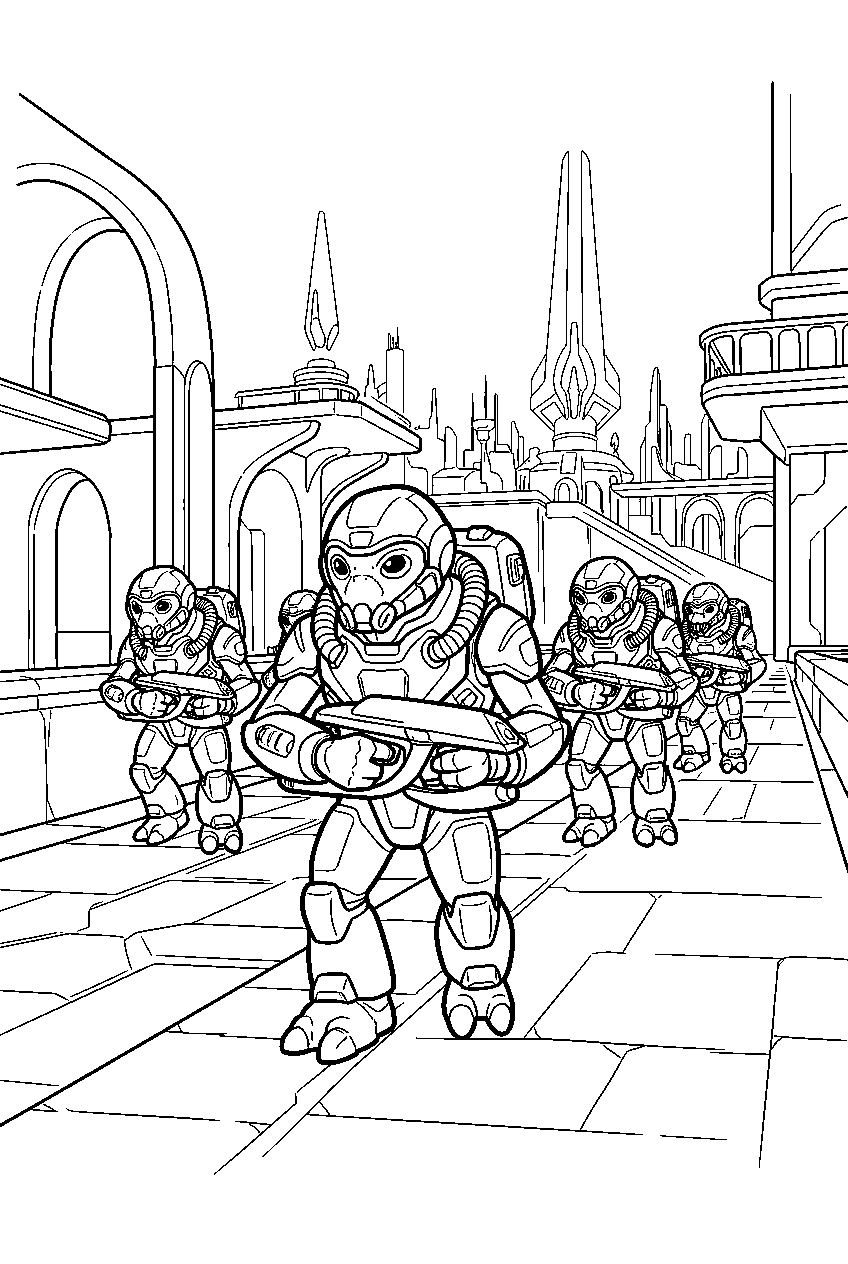 halo grunt marching with squad through high charity streets line art