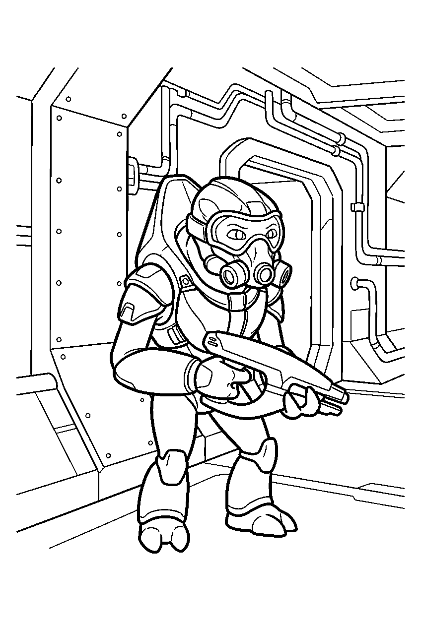 halo grunt patrolling corridor aboard pillar of autumn line art