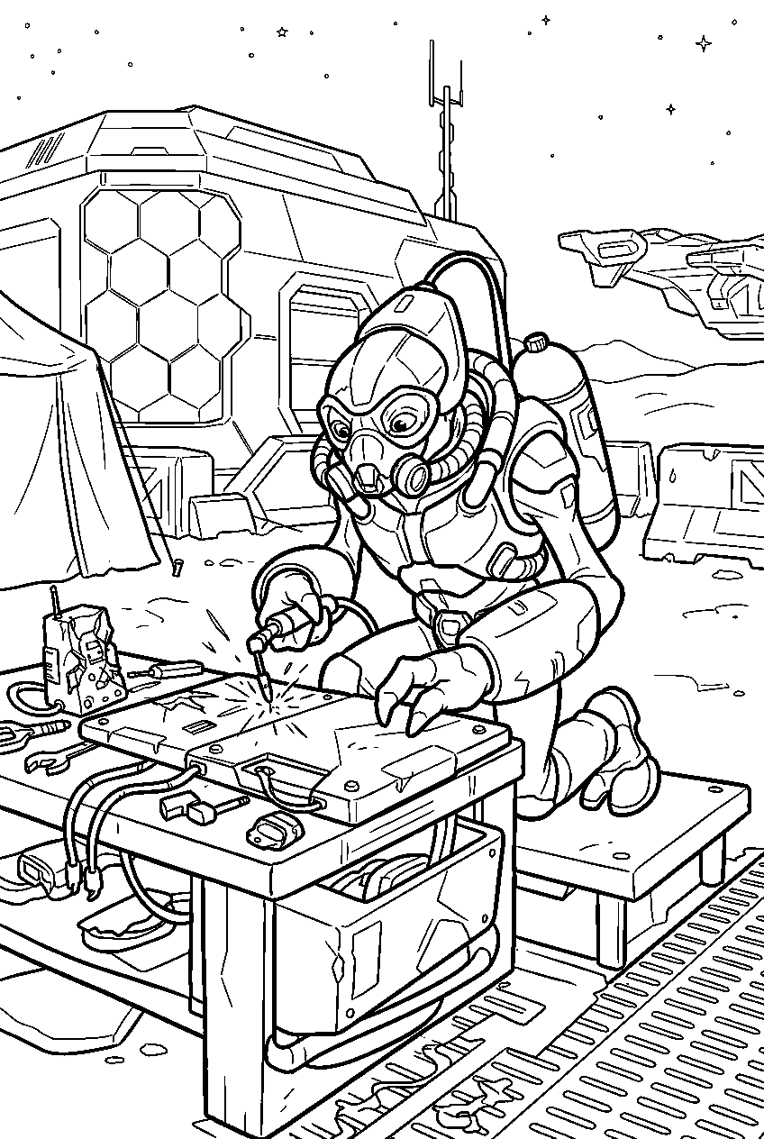 halo grunt repairing equipment at forward operating base line art
