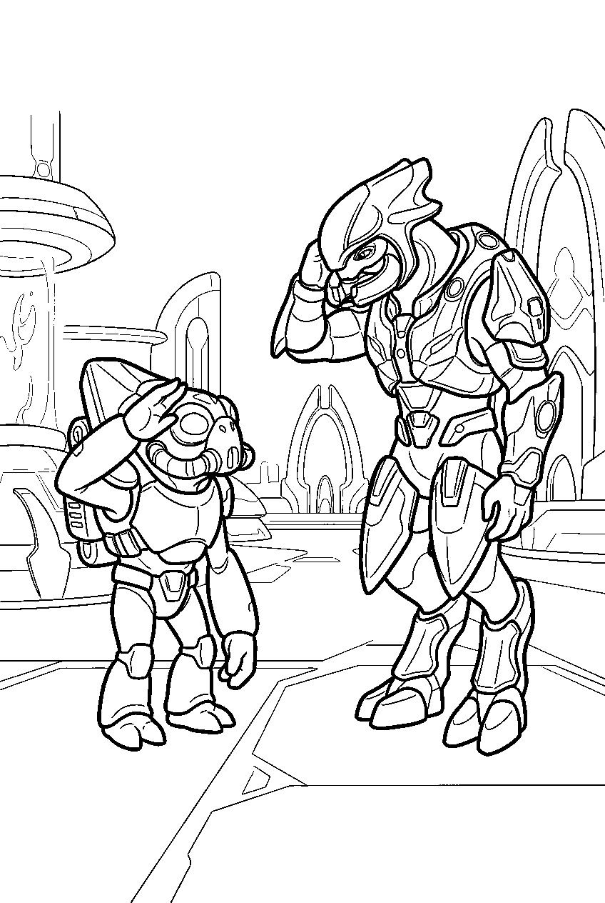 halo grunt saluting elite commander in high charity plaza line art