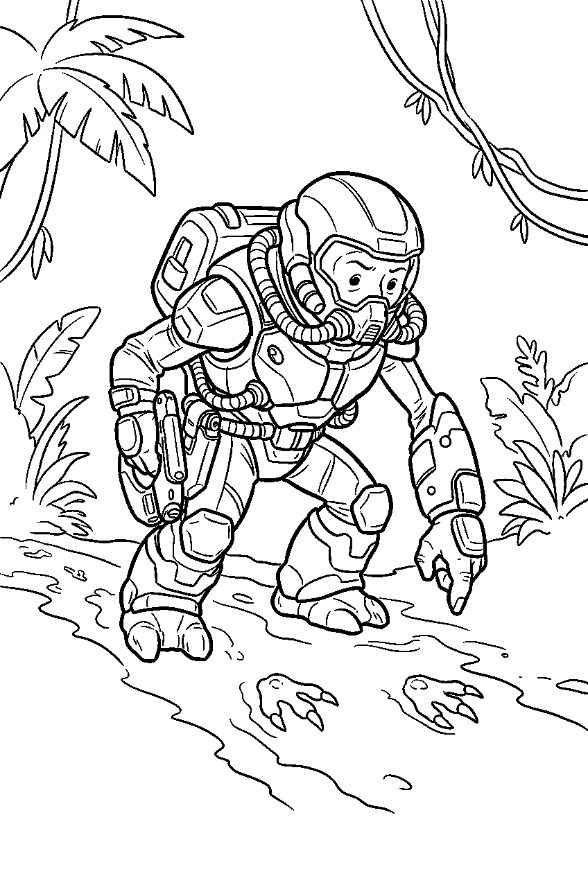 halo grunt tracking footprints in african jungle line art