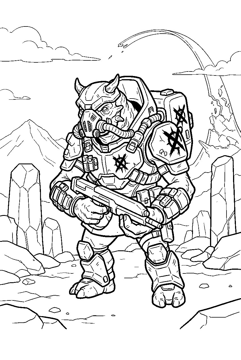 halo grunt wearing banished armor on zeta halo line art