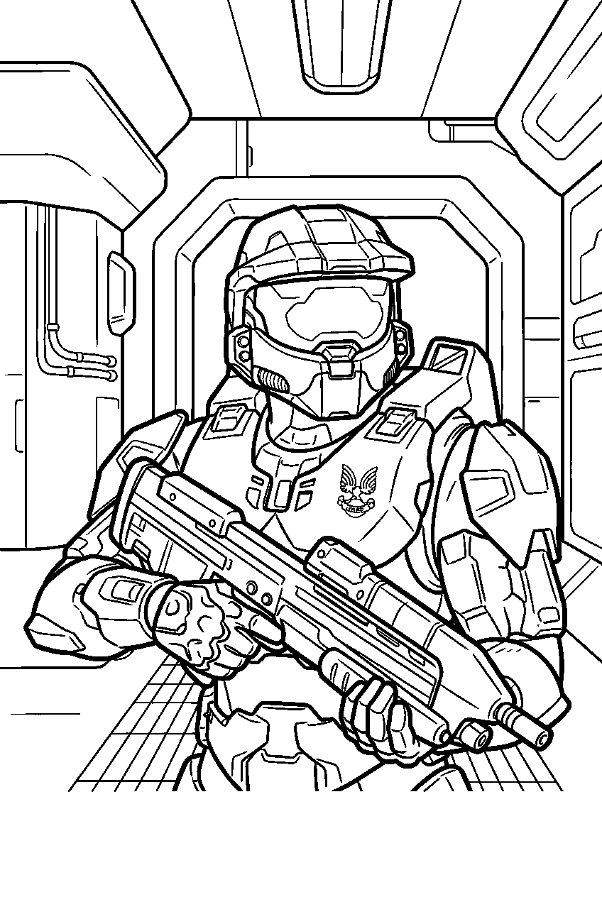 halo master chief aboard argent moon searching corridors line art