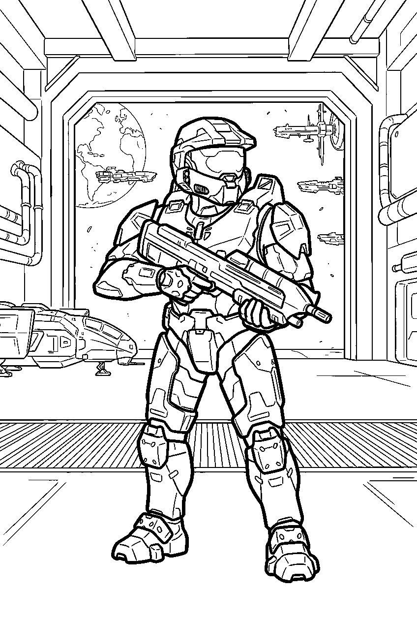 halo master chief aboard cairo station defending the hangar line art