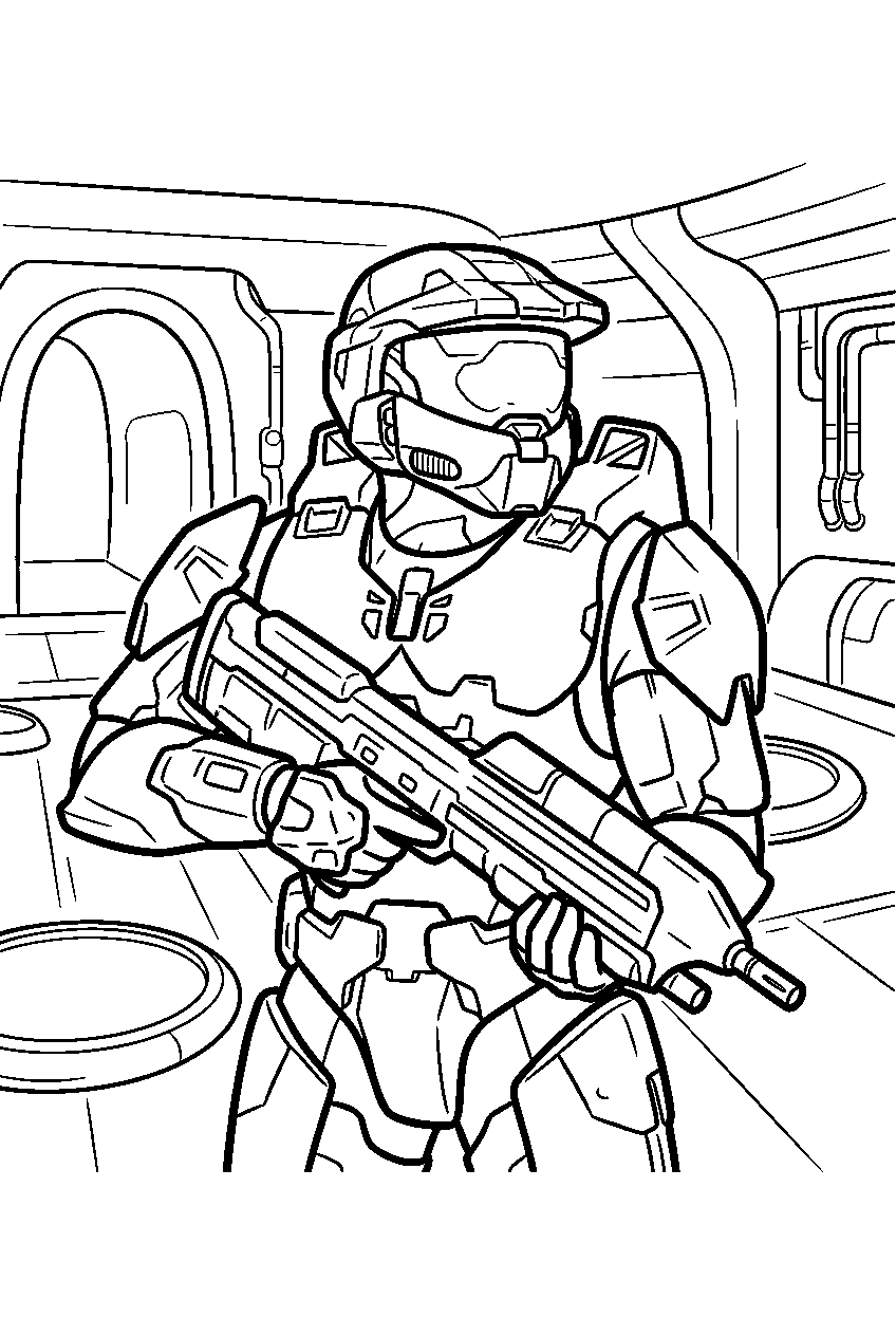 halo master chief aboard covenant cruiser searching the decks line art