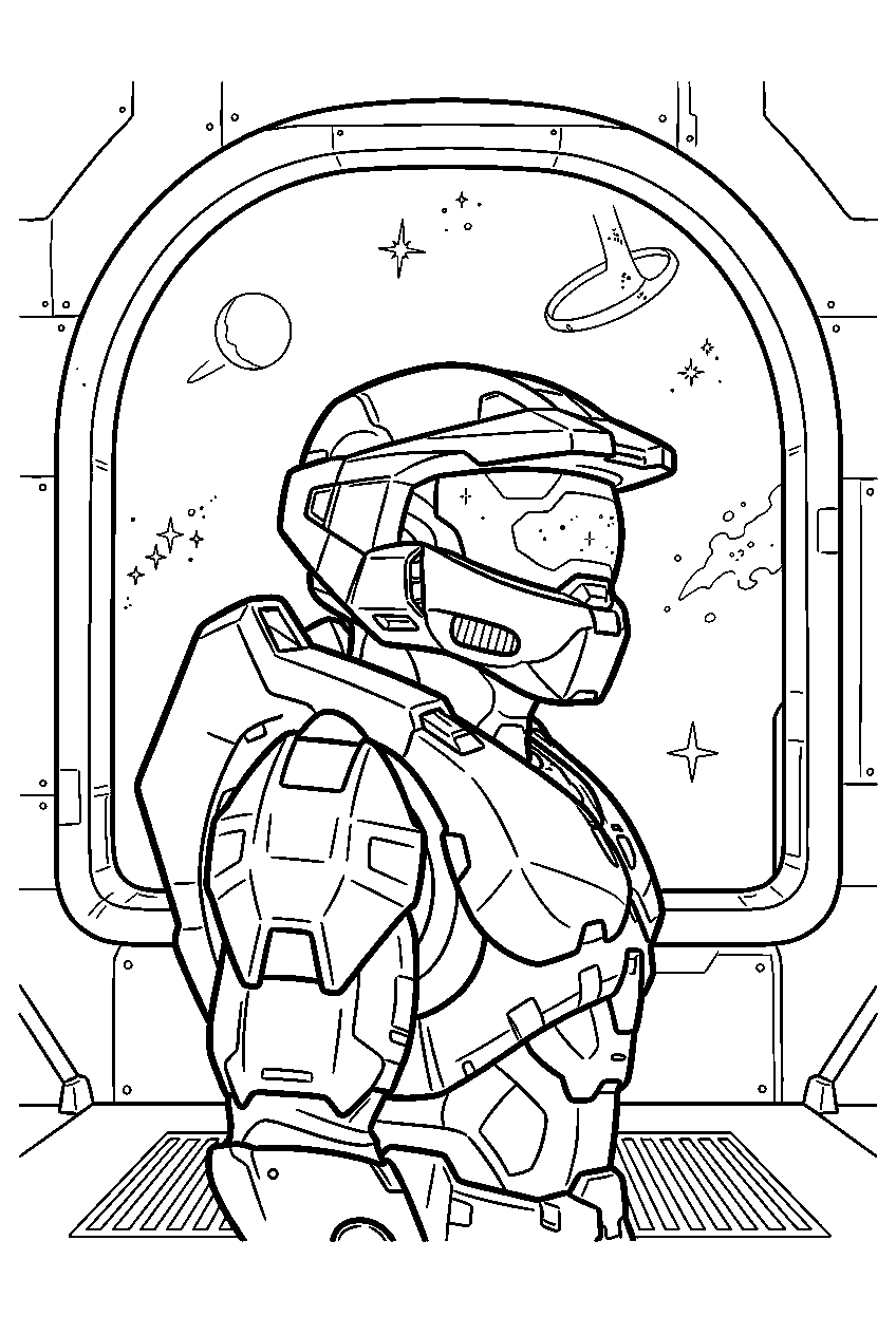 halo master chief aboard forward unto dawn viewing the stars line art