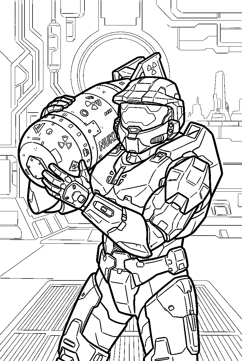 halo master chief aboard mantle s approach carrying nuclear bomb line art
