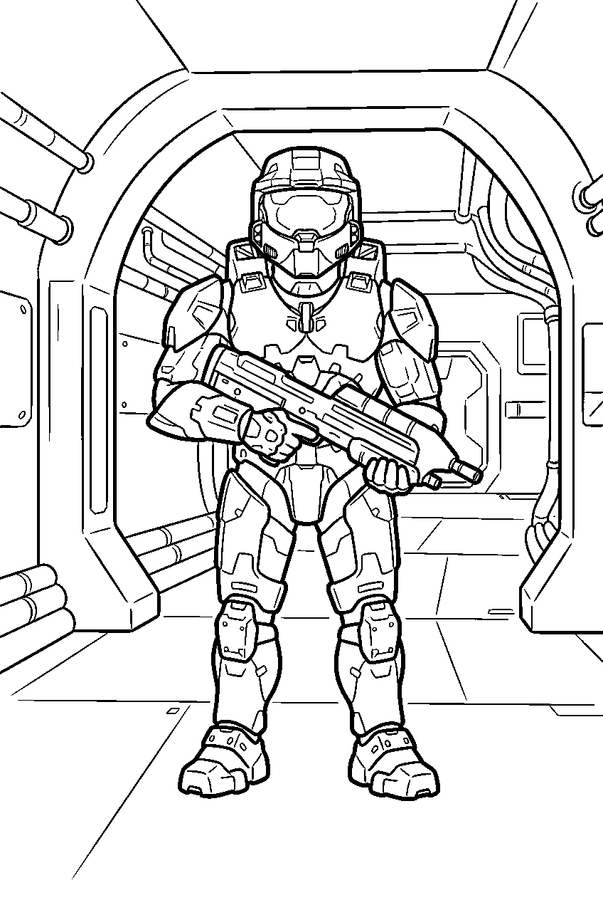 halo master chief aboard pillar of autumn exploring a corridor line art