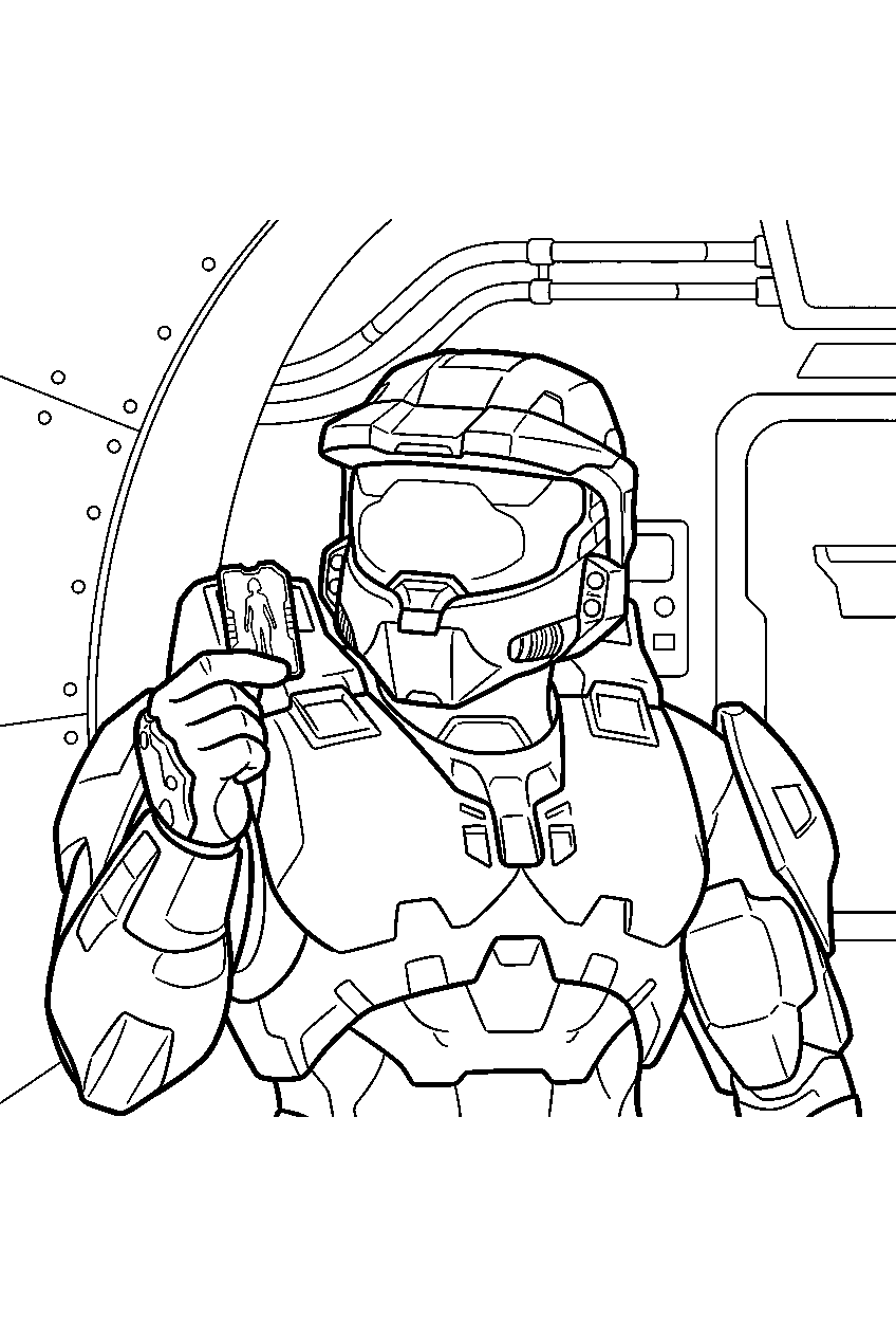 halo master chief aboard pillar of autumn holding cortana chip line art