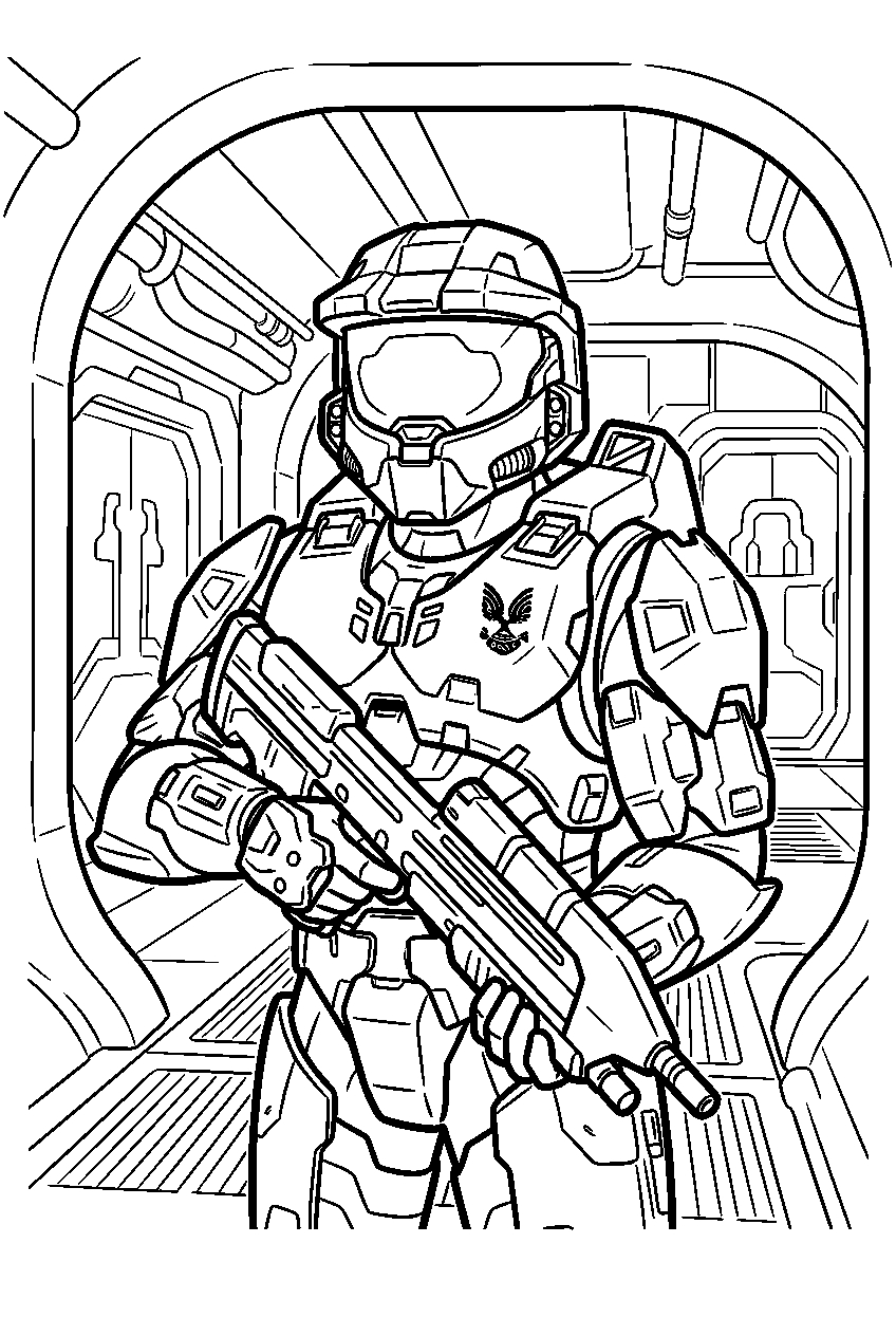 halo master chief aboard truth and reconciliation infiltrating a corridor line art