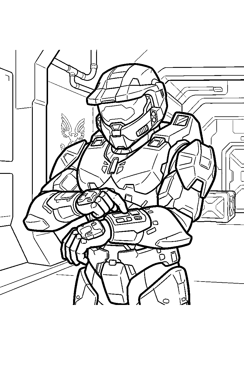 halo master chief aboard unsc infinity checking armor line art
