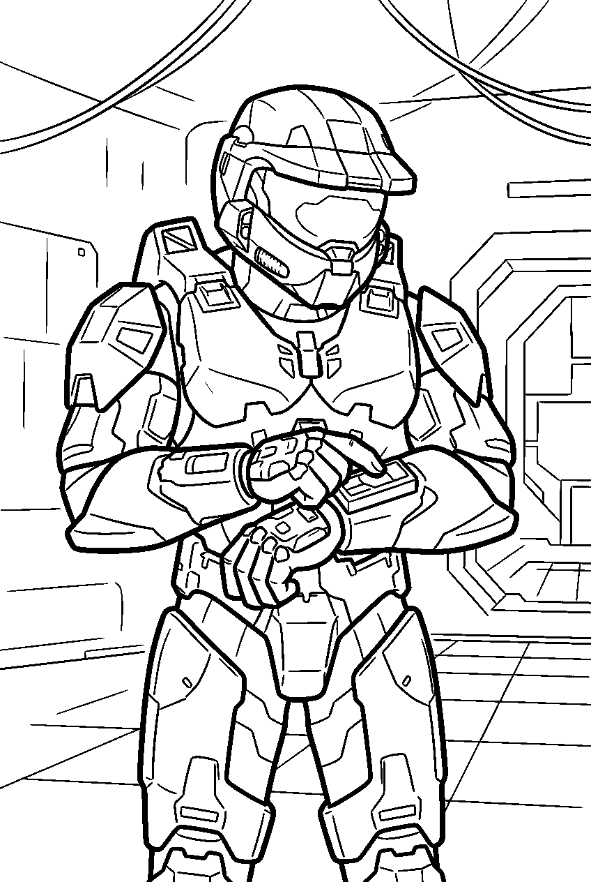 halo master chief aboard unsc infinity inspecting armor line art