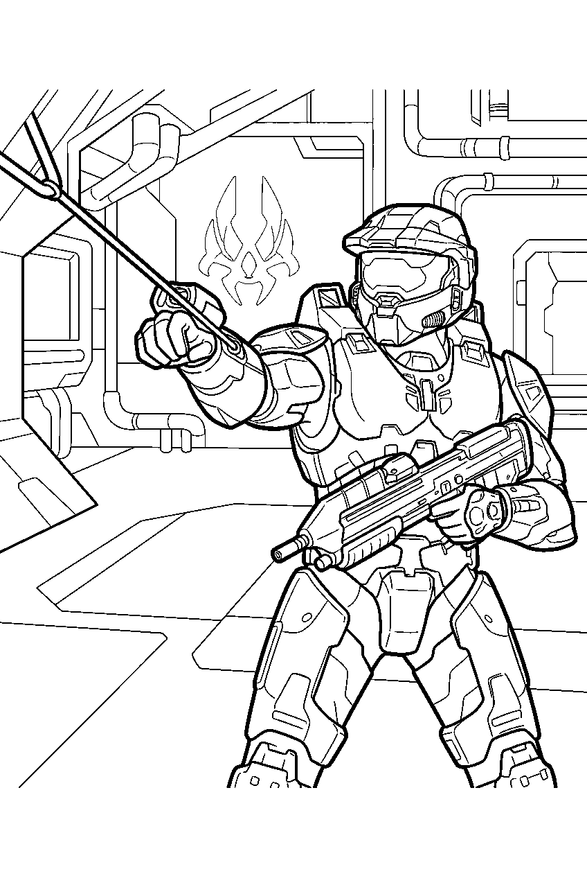halo master chief aboard warship gbraakon using grappleshot line art