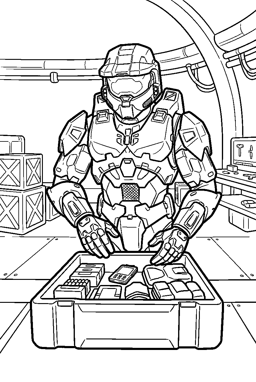 halo master chief at alpha base checking supplies line art