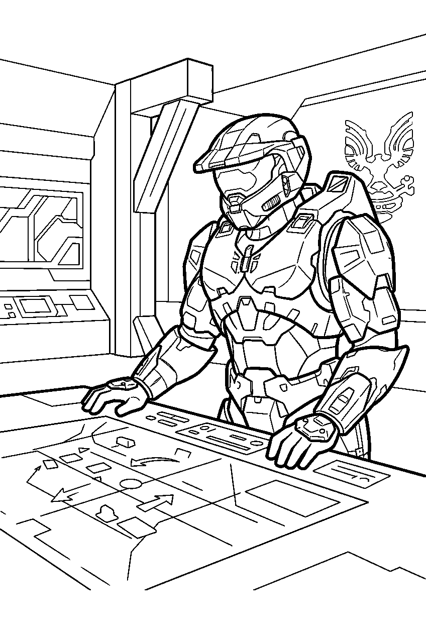halo master chief at crow s nest reviewing battle plans line art