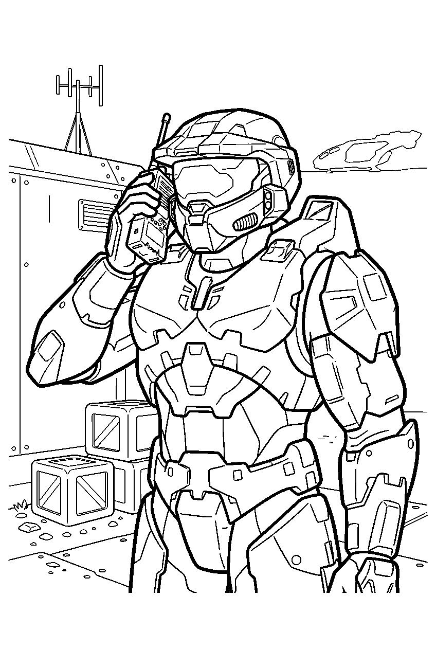 halo master chief at forward operating base using a radio line art