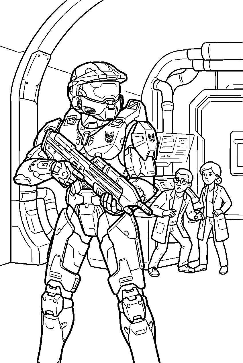 halo master chief at ivanoff station protecting scientists line art
