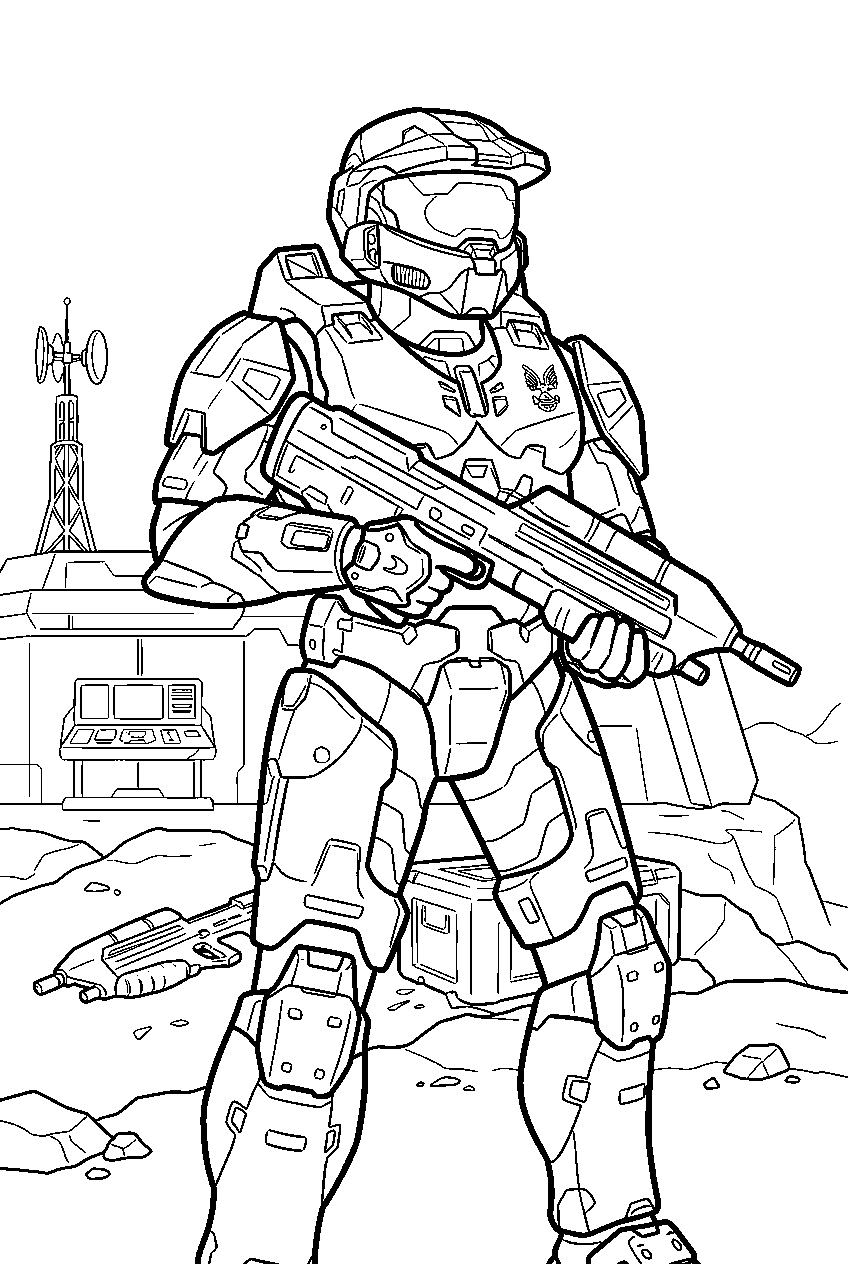 halo master chief at outpost tremonius capturing the base line art