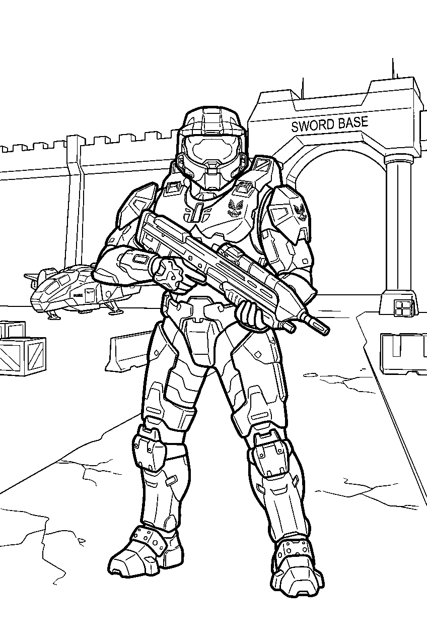 halo master chief at sword base defending a courtyard line art