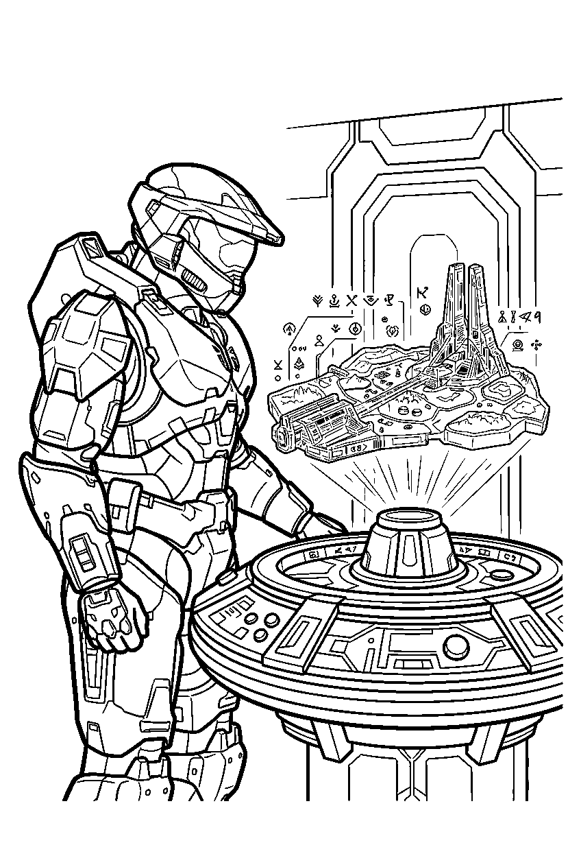 halo master chief at the ark cartographer studying a hologram line art