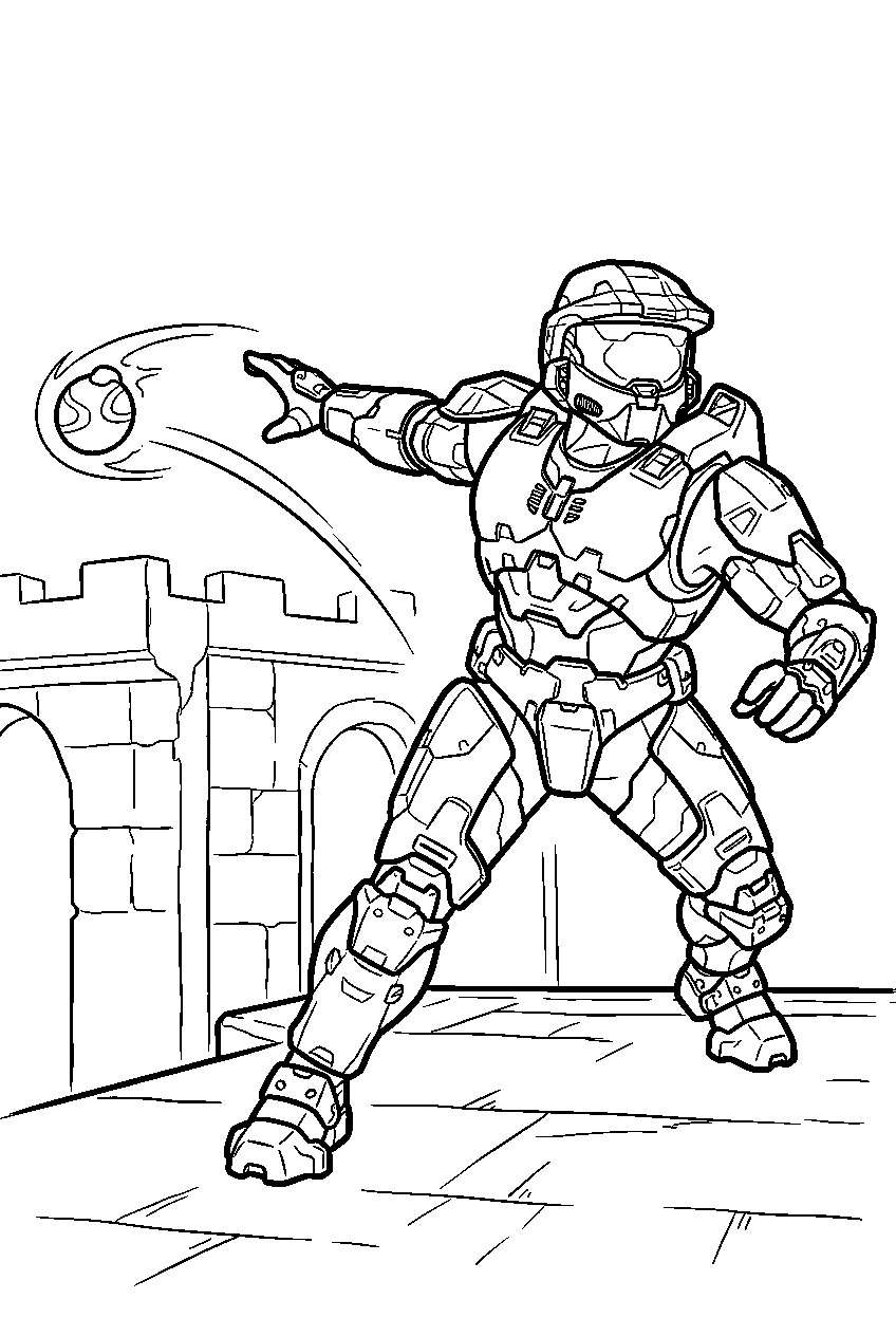 halo master chief at the tower throwing plasma grenade line art