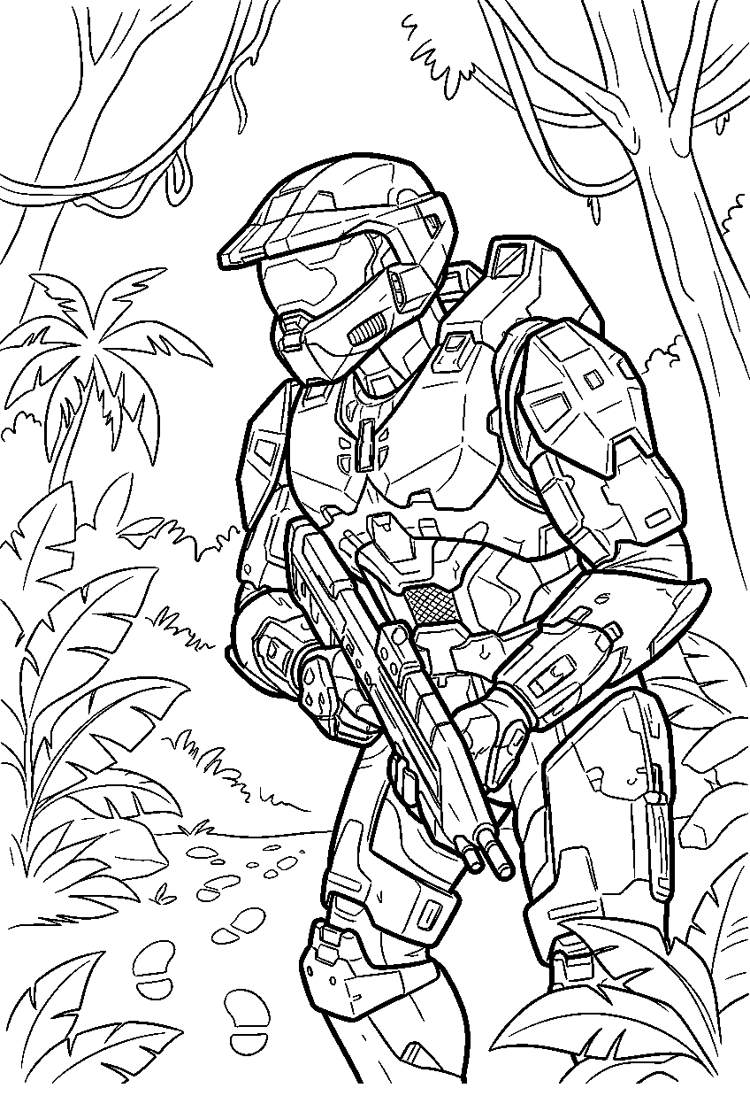 halo master chief in african jungle following tracks line art