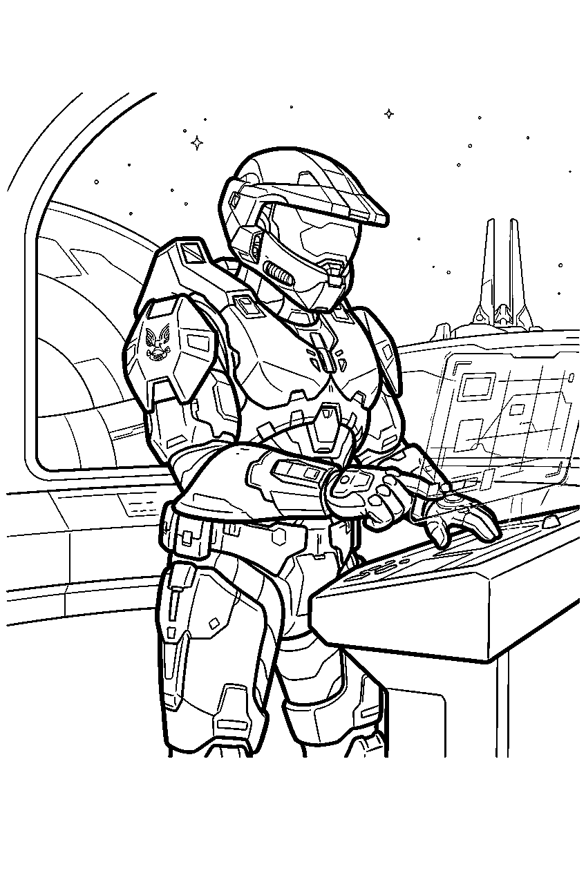 halo master chief in ark control room entering coordinates line art