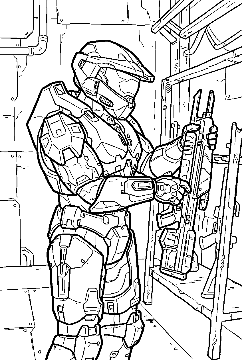 halo master chief in banished armory selecting a rifle line art