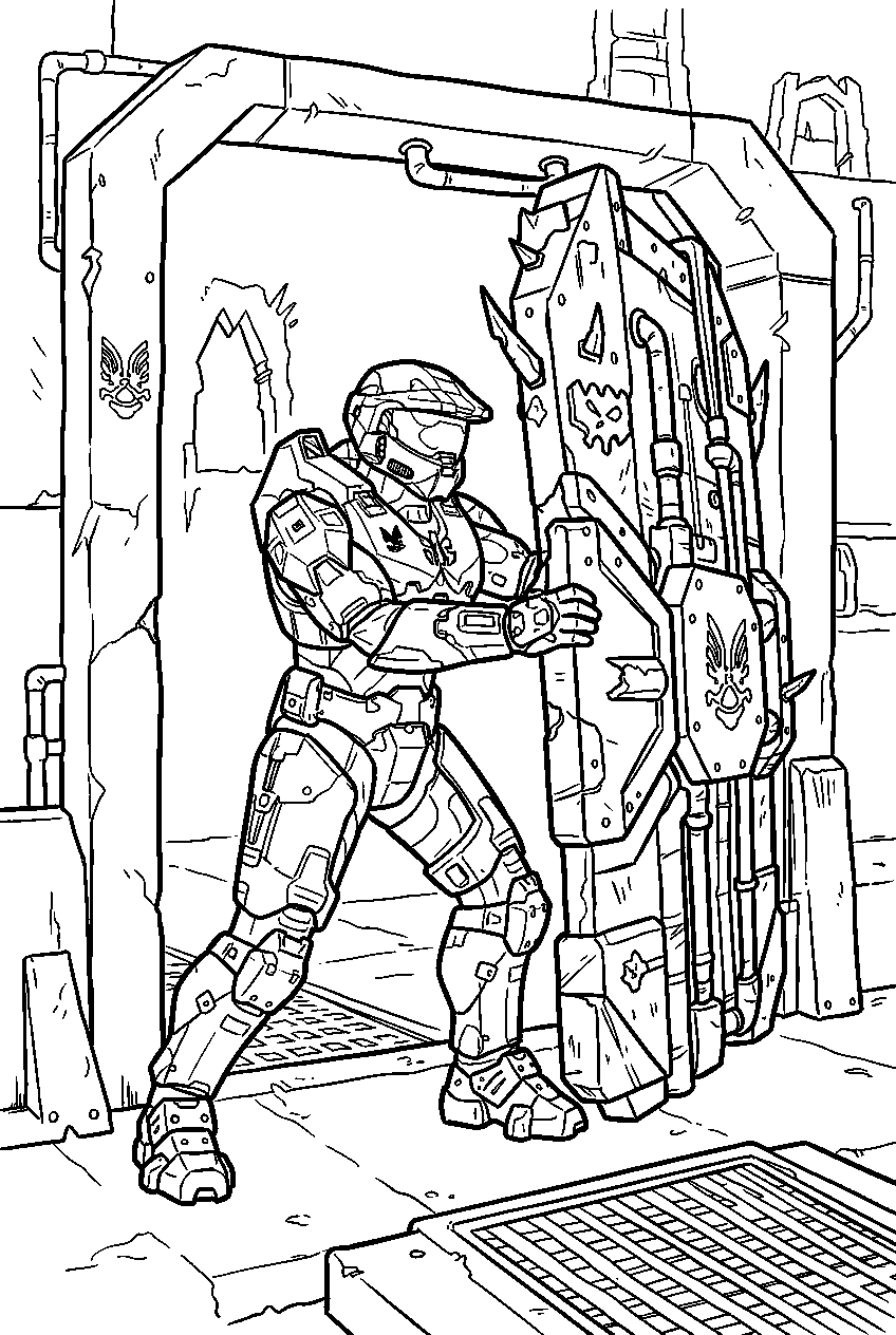 halo master chief in banished fortress breaching a gate line art
