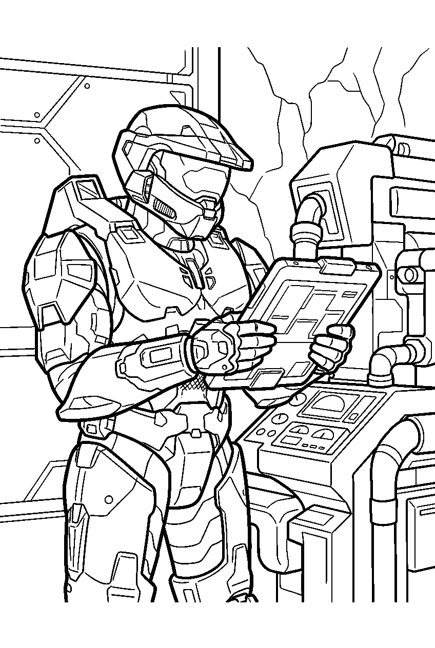 halo master chief in banished mining site inspecting machinery line art