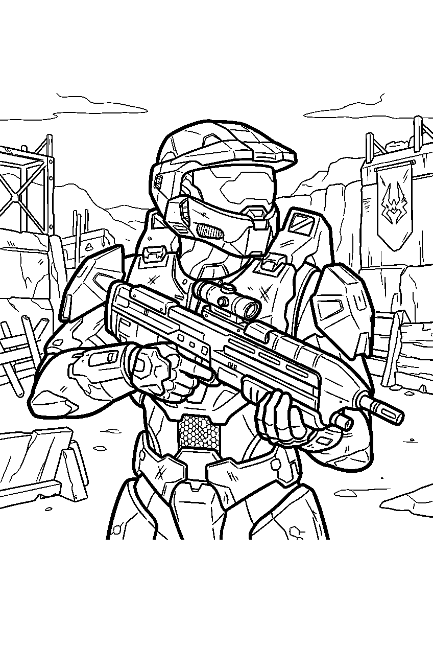 halo master chief in banished outpost scouting the perimeter line art