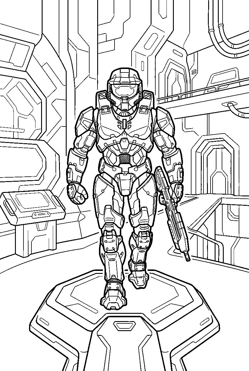 halo master chief in command spire ascending a platform line art