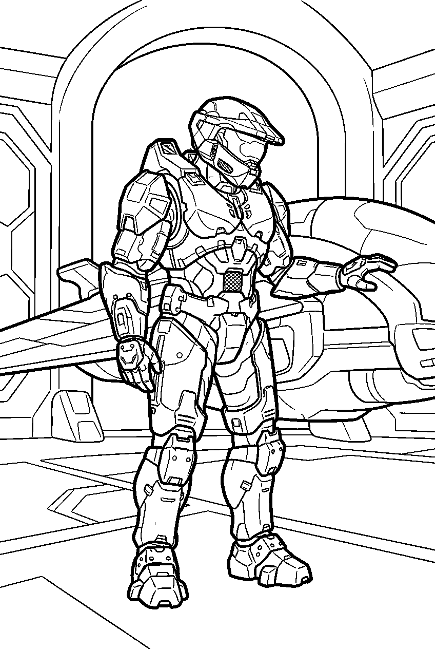halo master chief in covenant hangar inspecting aircraft line art