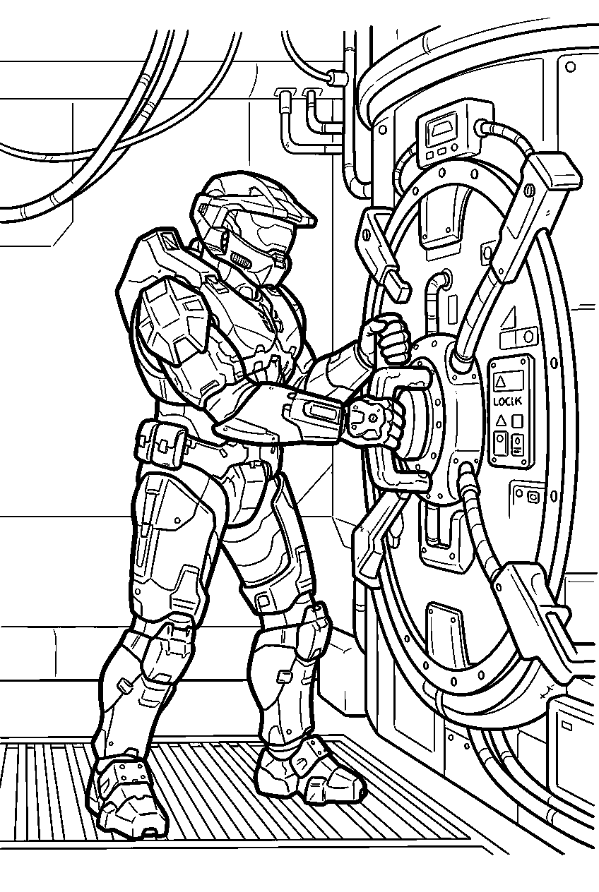 halo master chief in flood containment facility sealing a chamber line art