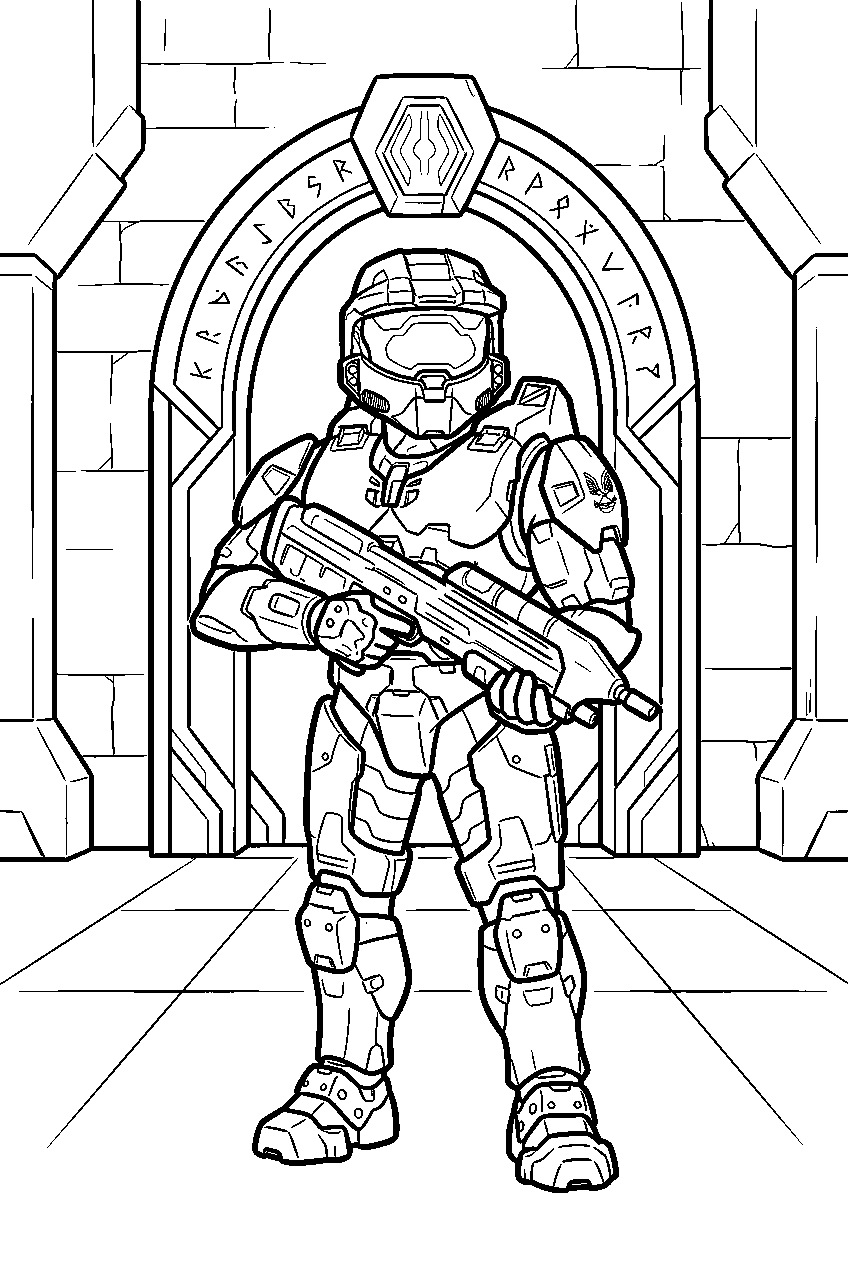 halo master chief in forerunner chamber guarding an entrance line art