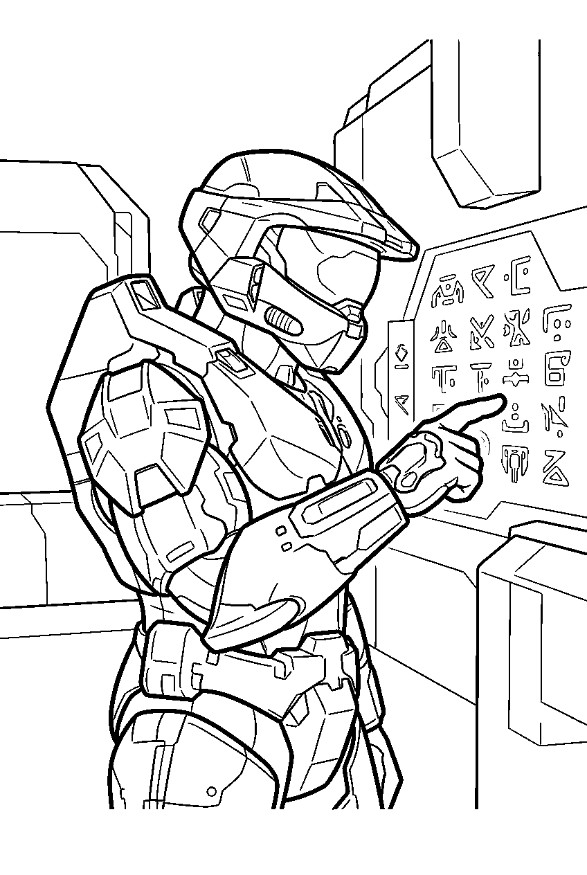 halo master chief in forerunner structure inspecting symbols line art
