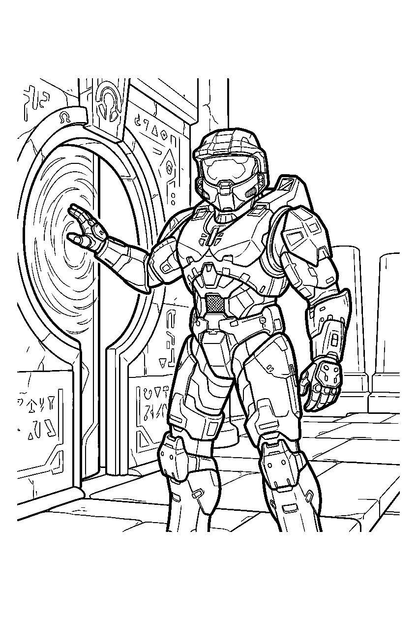 halo master chief in forerunner temple opening a doorway line art