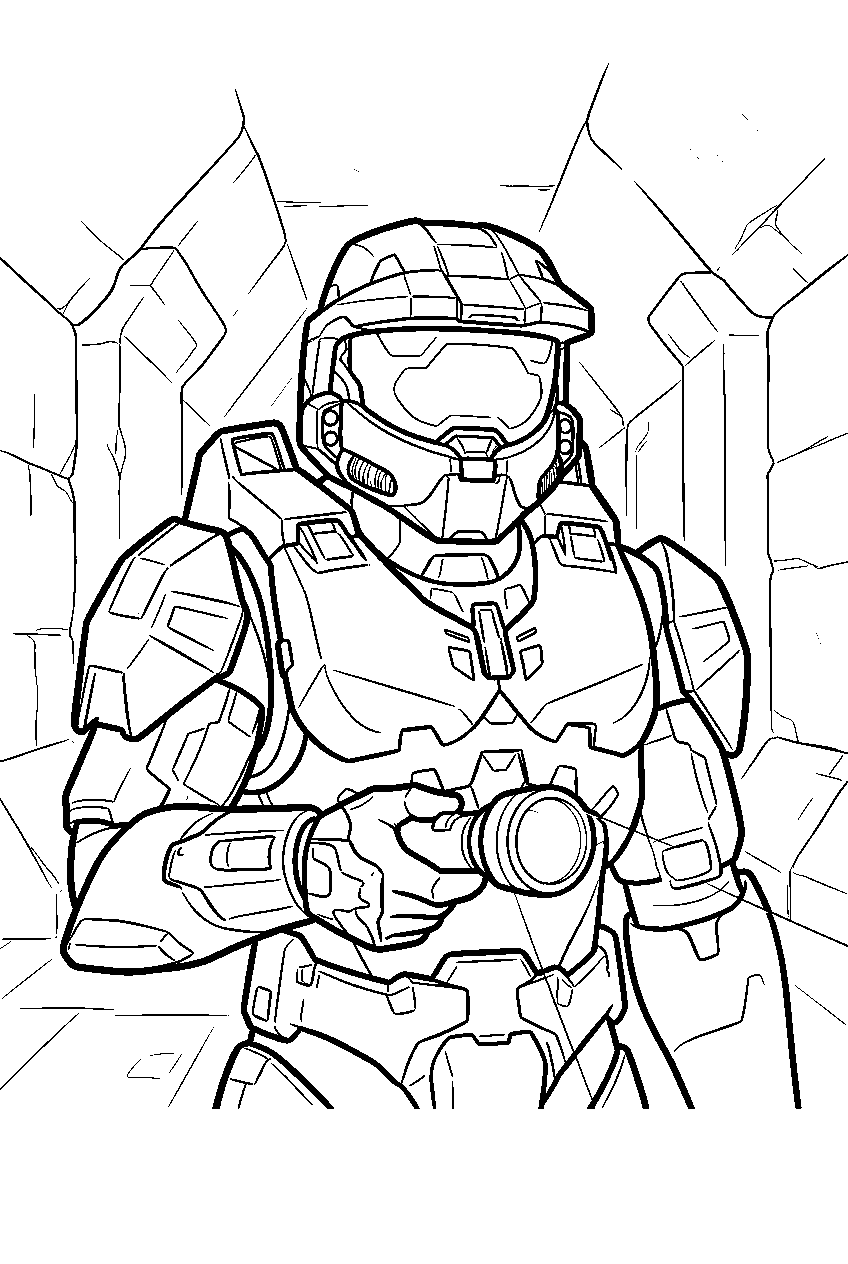 halo master chief in forerunner tunnel carrying a flashlight line art