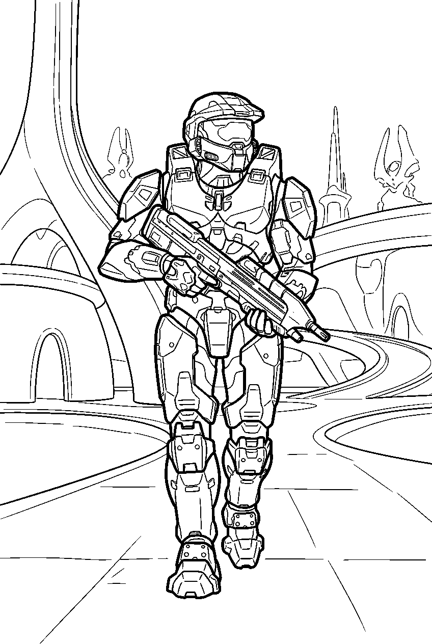 halo master chief in high charity crossing a plaza line art