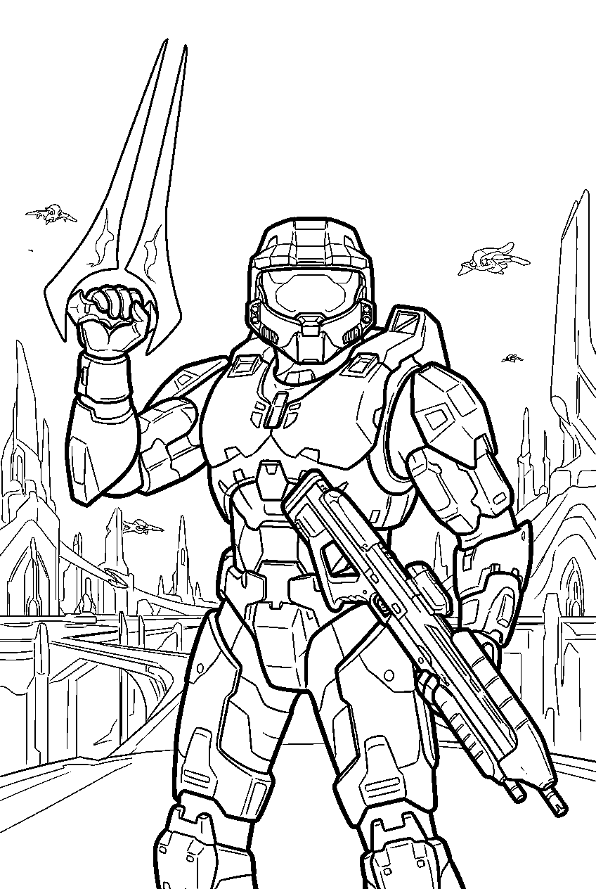 halo master chief in high charity holding energy sword line art
