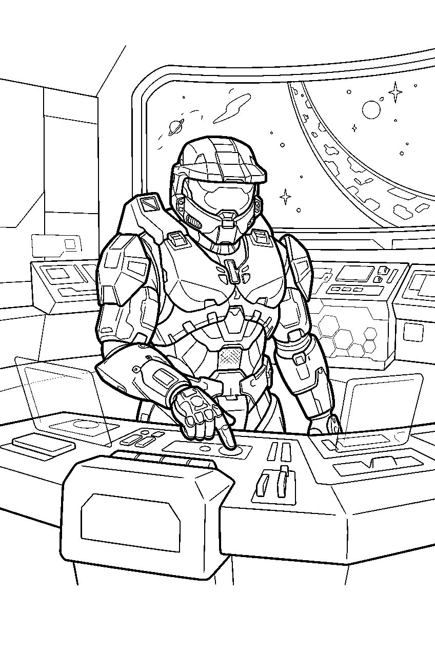 halo master chief in installation 04 control room activating a console line art
