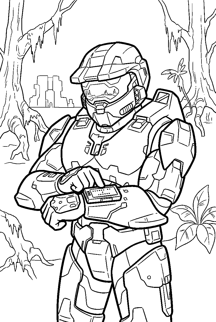 halo master chief in installation 04 swamp checking motion tracker line art