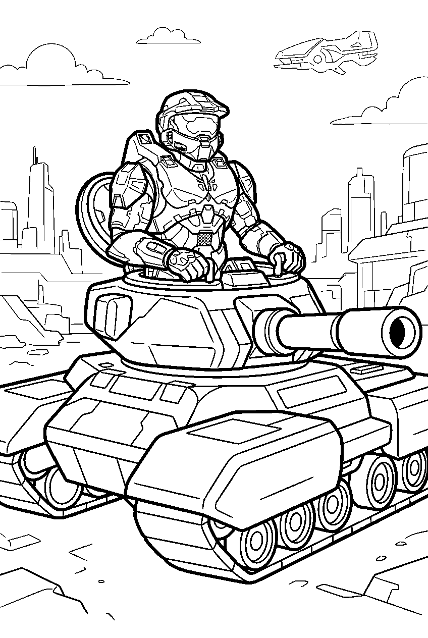 halo master chief in new mombasa riding a scorpion line art