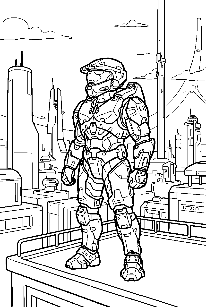 halo master chief in new mombasa surveying the skyline line art