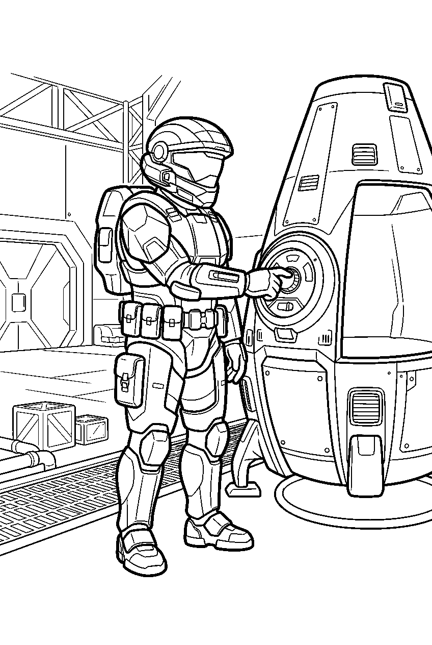 halo master chief in odst drop zone checking a drop pod line art