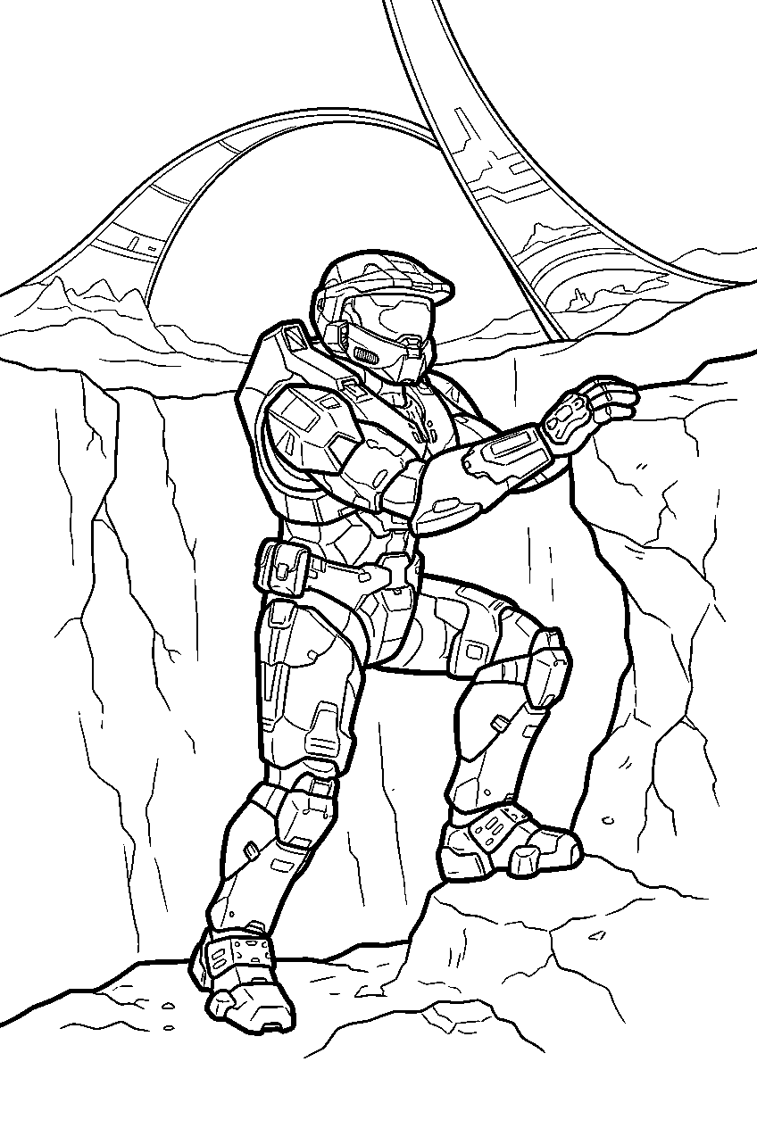 halo master chief in ringworld canyon climbing a ledge line art