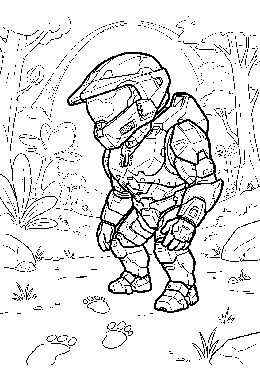 halo master chief in ringworld forest tracking footprints line art