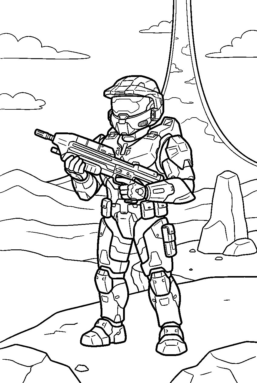 halo master chief in ringworld valley holding assault rifle line art