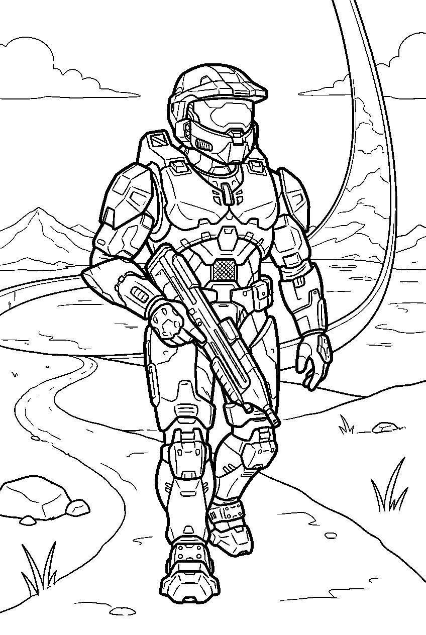 halo master chief in ringworld valley patrolling a trail line art