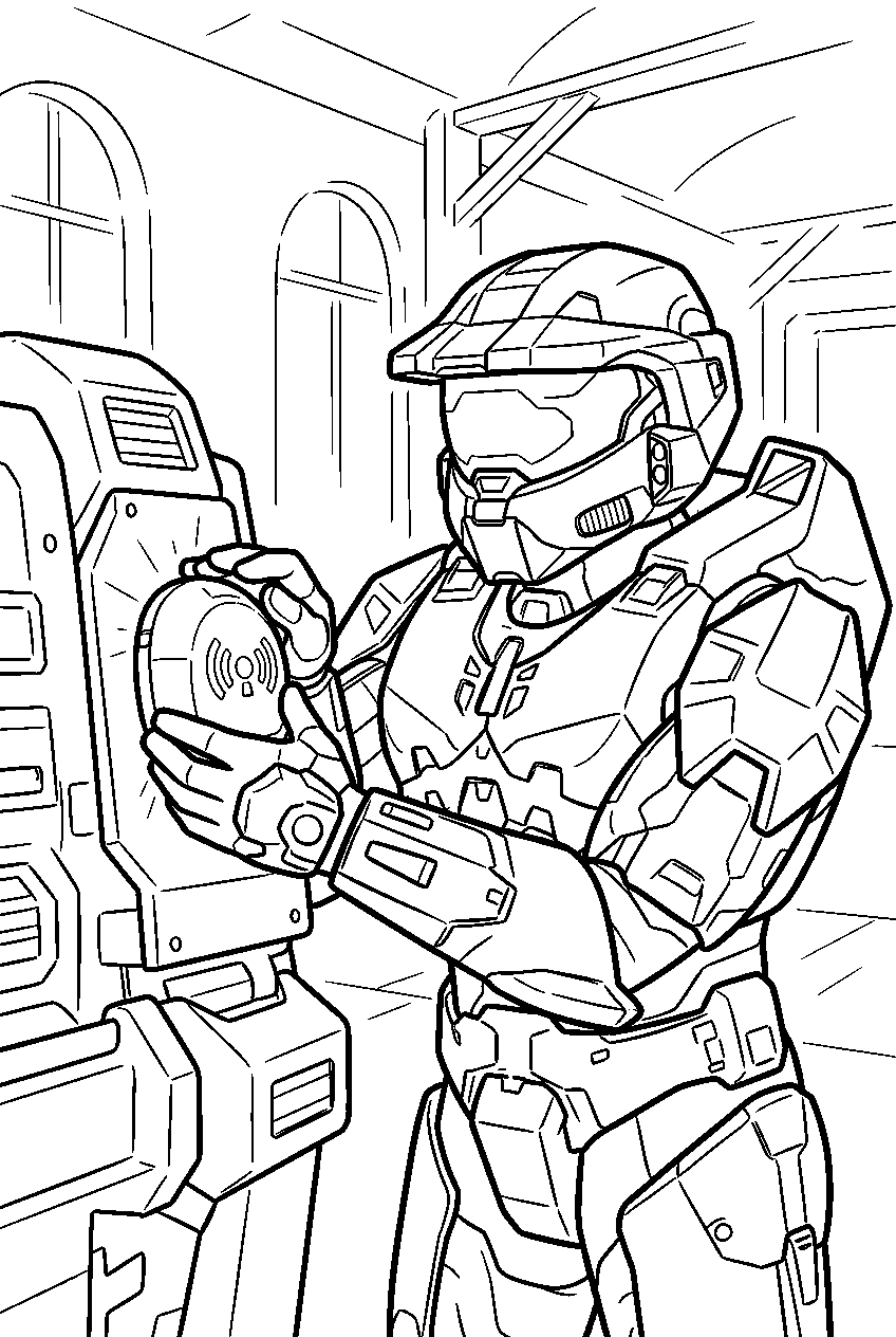 halo master chief in sentinel factory planting a beacon line art